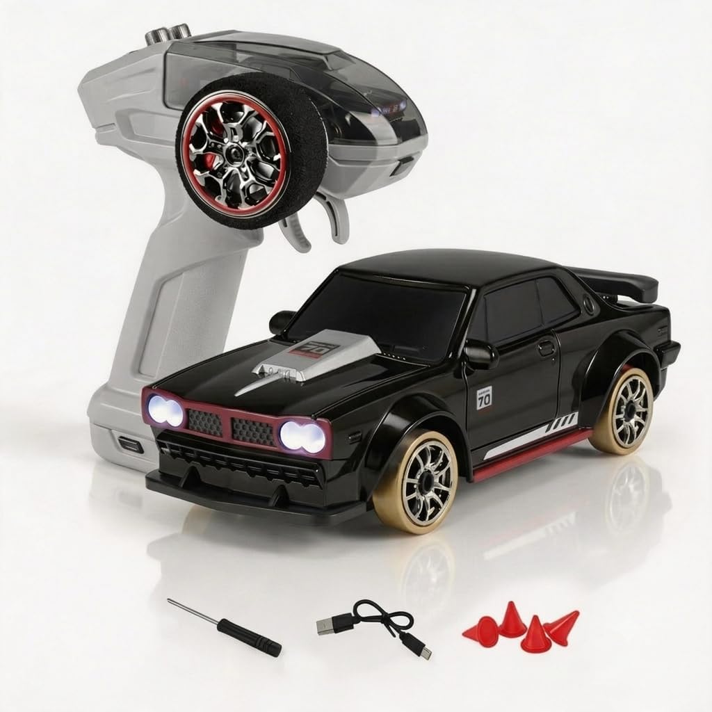 Gyroscope Rc Module - 1:64スケール 4WD RCドリフトカー、銅製タイヤ、ESPジャイロスコープ、磁気充電ドック、比例サーボ、Type-C急速充電、LEDライト搭載 - 初心者やコレクターへの完璧なギフト（ブラック）